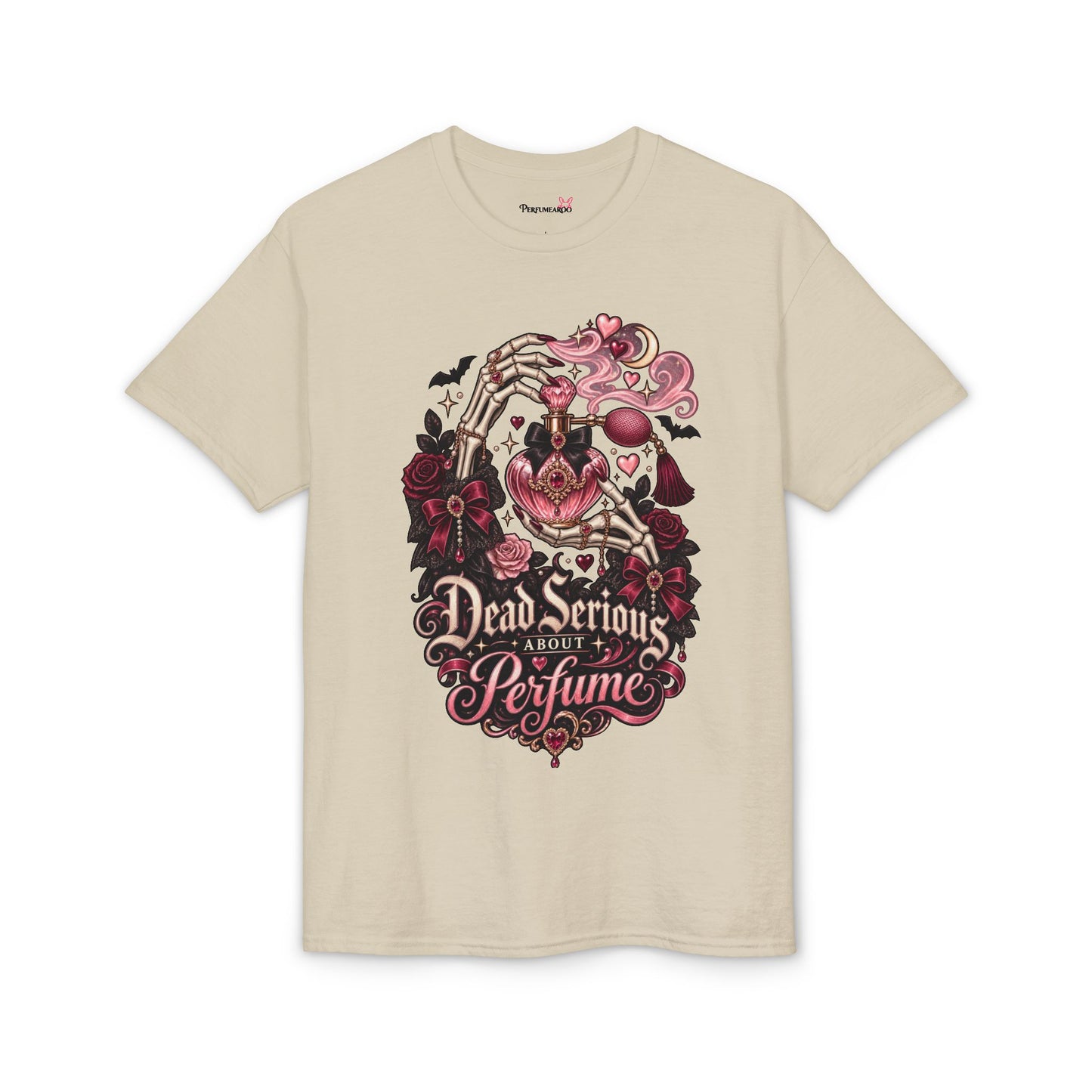 Graphic T-Shirt — “Dead Serious About Perfume” Gothic Heart Illustration