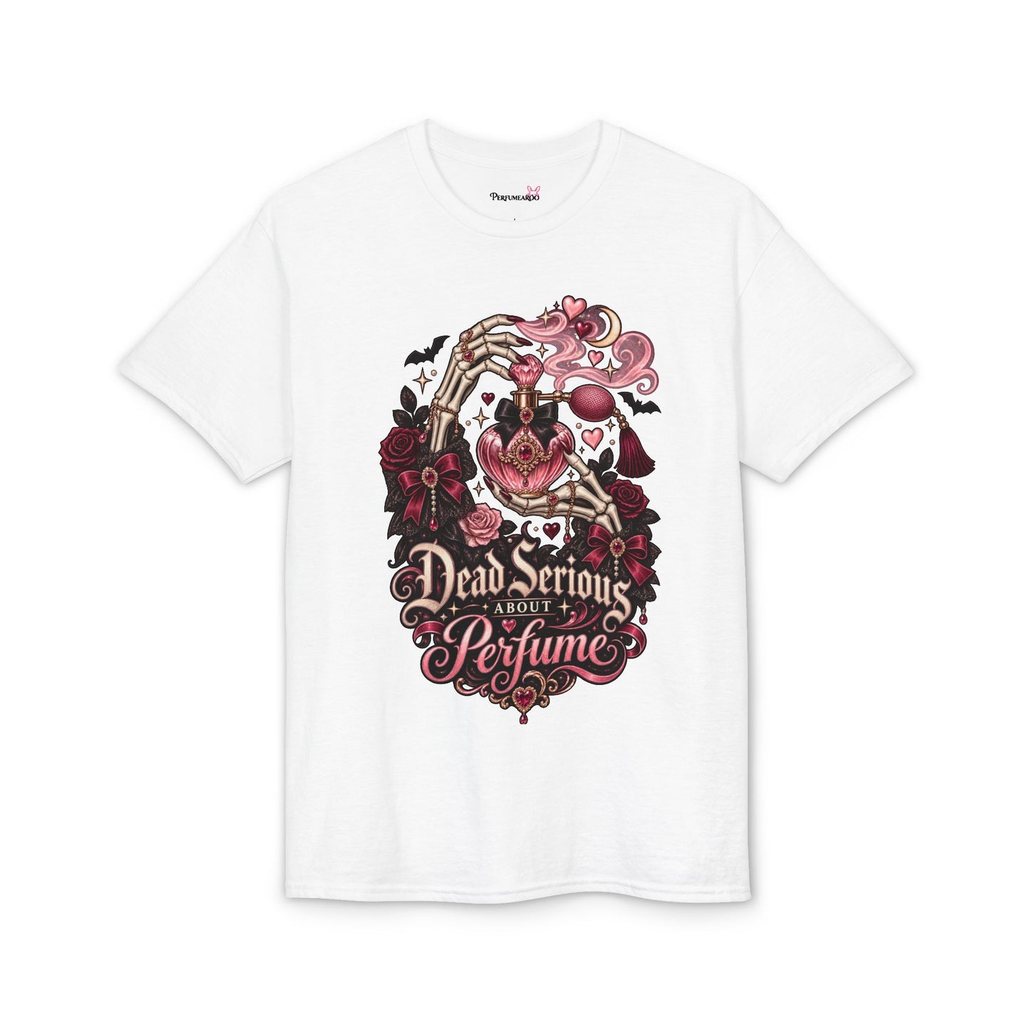 Graphic T-Shirt — “Dead Serious About Perfume” Gothic Heart Illustration