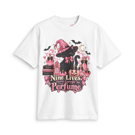 Nine Lives, Never Enough Perfume Tee | Witchy Cat Halloween Fragrance Lover Shirt, Cute Perfume Collector Gift