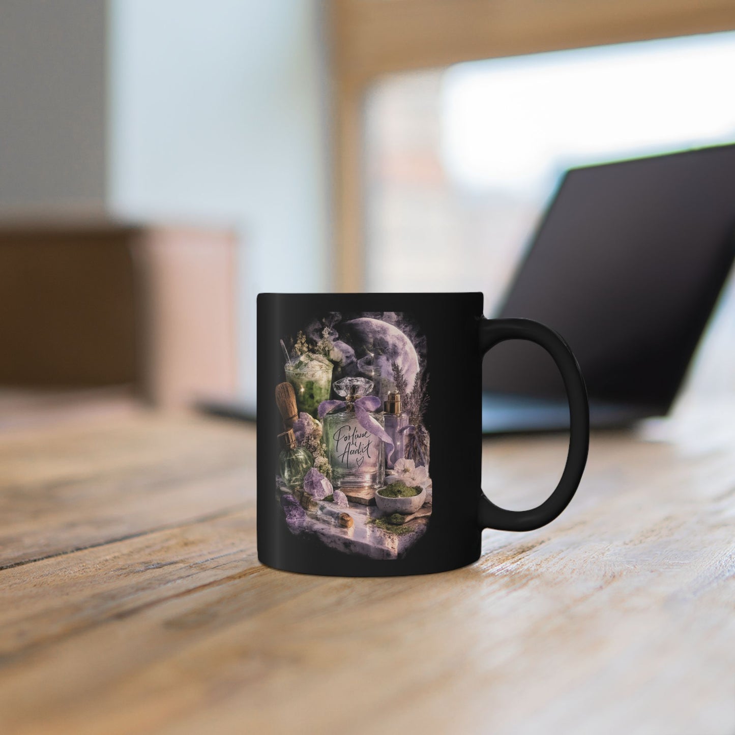 Midnight Petals Perfume Bottle Mug | Moody Floral Coquette Coffee Cup, Cozy Luxury Gift