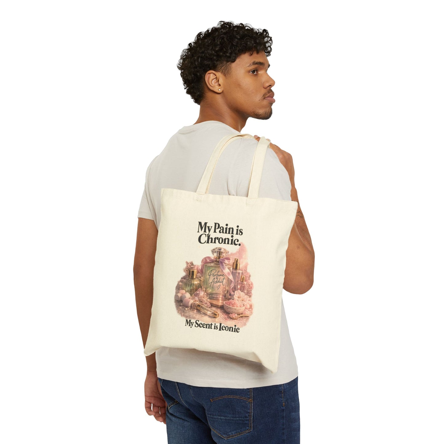 Tote Bag — "My Pain is Chronic, My Scent is Iconic" Vintage Perfume Graphic