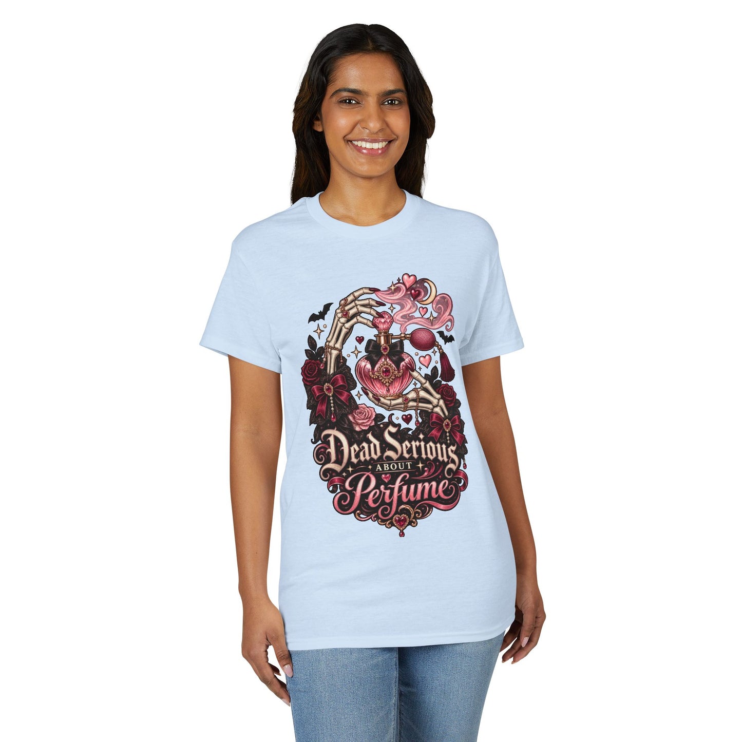 Graphic T-Shirt — “Dead Serious About Perfume” Gothic Heart Illustration