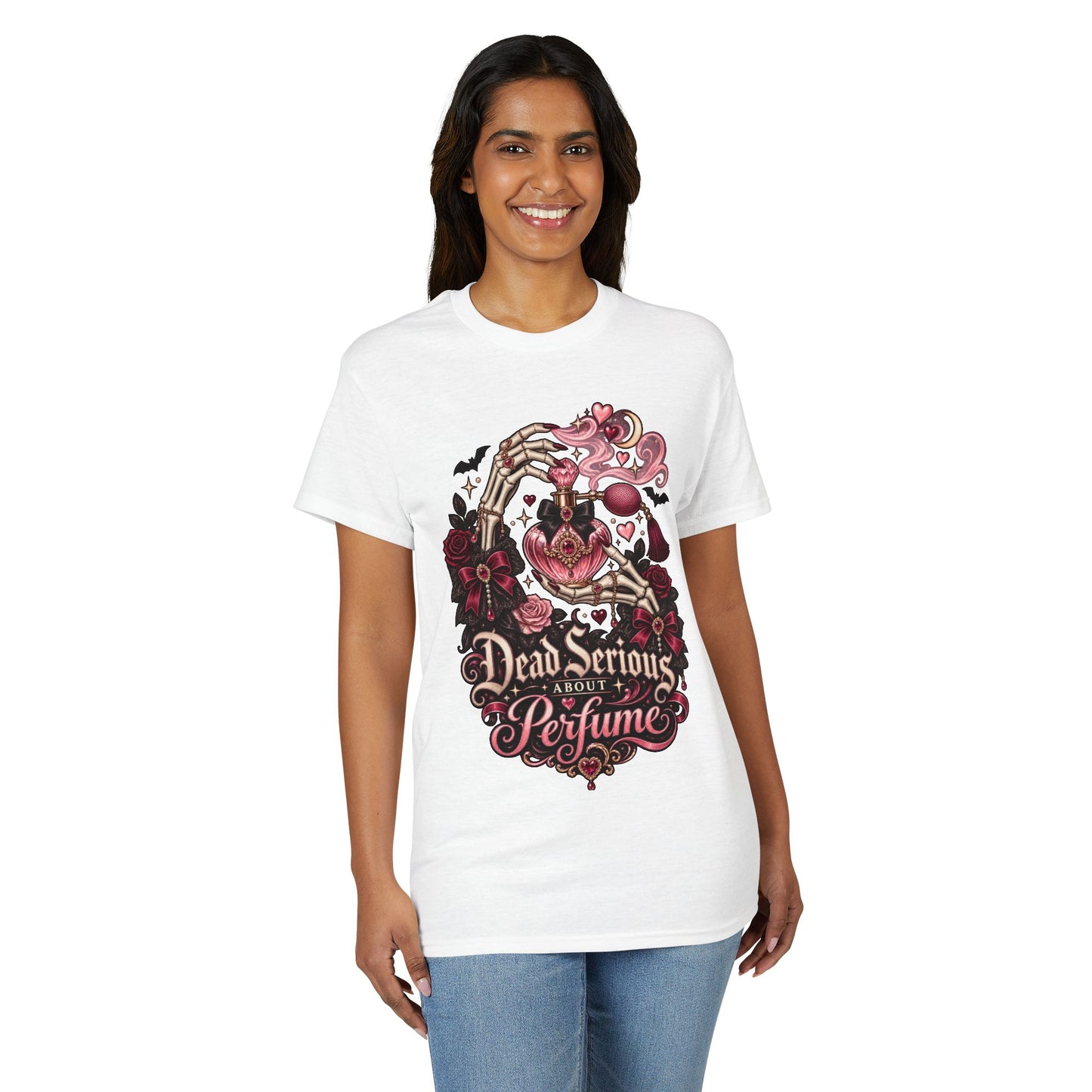 Graphic T-Shirt — “Dead Serious About Perfume” Gothic Heart Illustration