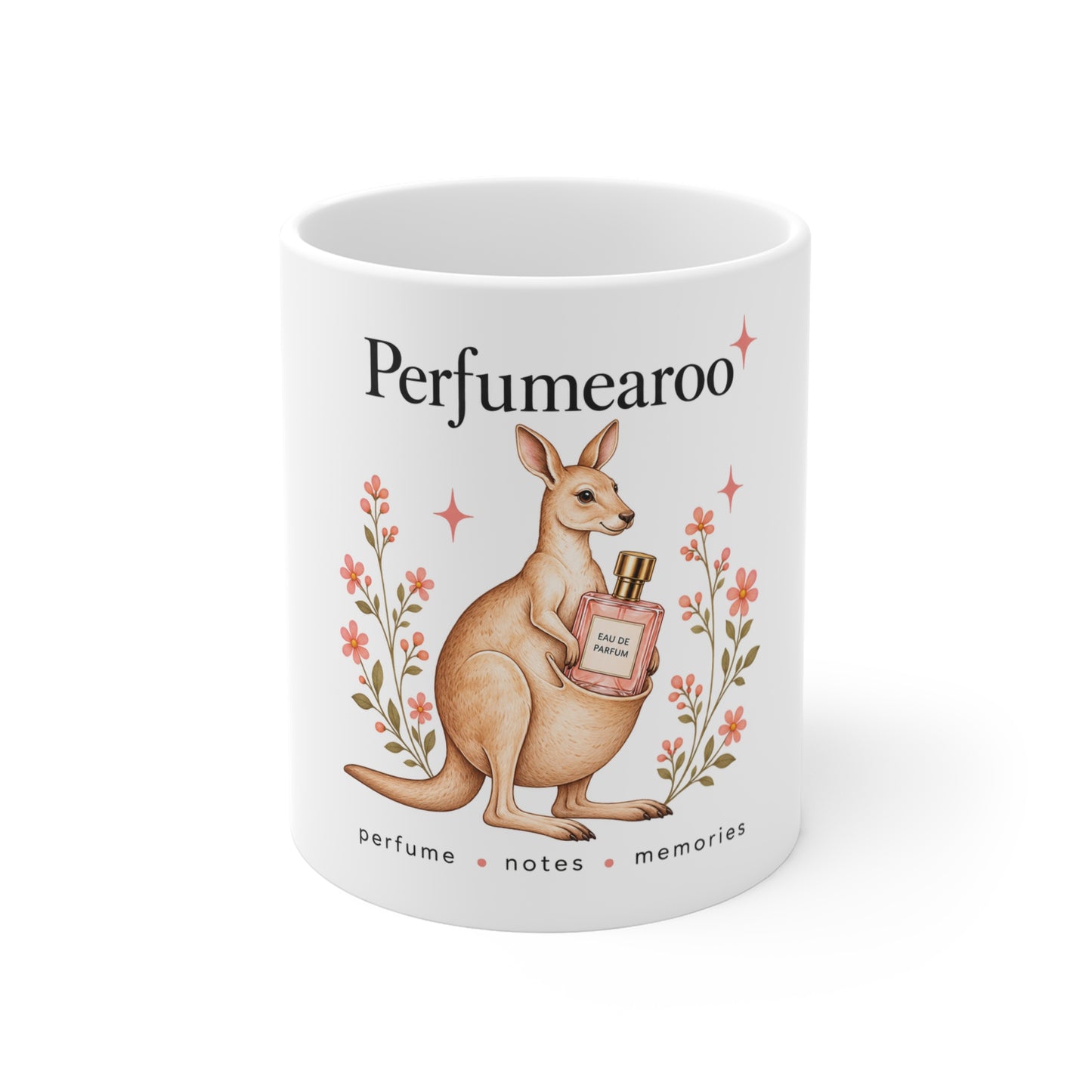 Perfumearoo Kangaroo Mug | Cute Floral Perfume Illustration Coffee Cup, Fragrance Lover Gift