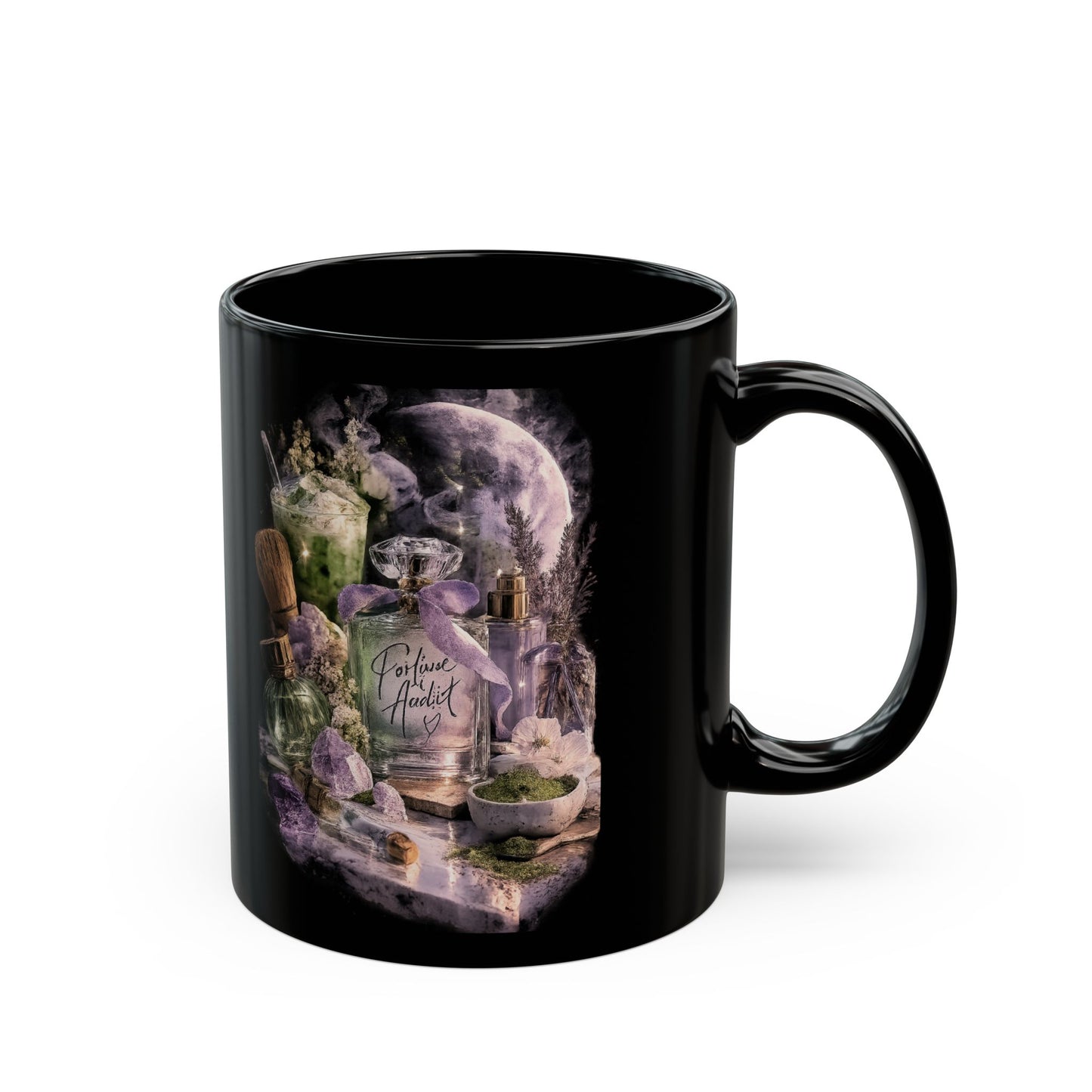 Midnight Petals Perfume Bottle Mug | Moody Floral Coquette Coffee Cup, Cozy Luxury Gift