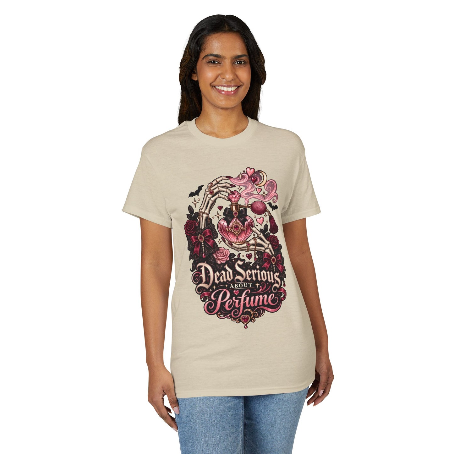 Graphic T-Shirt — “Dead Serious About Perfume” Gothic Heart Illustration