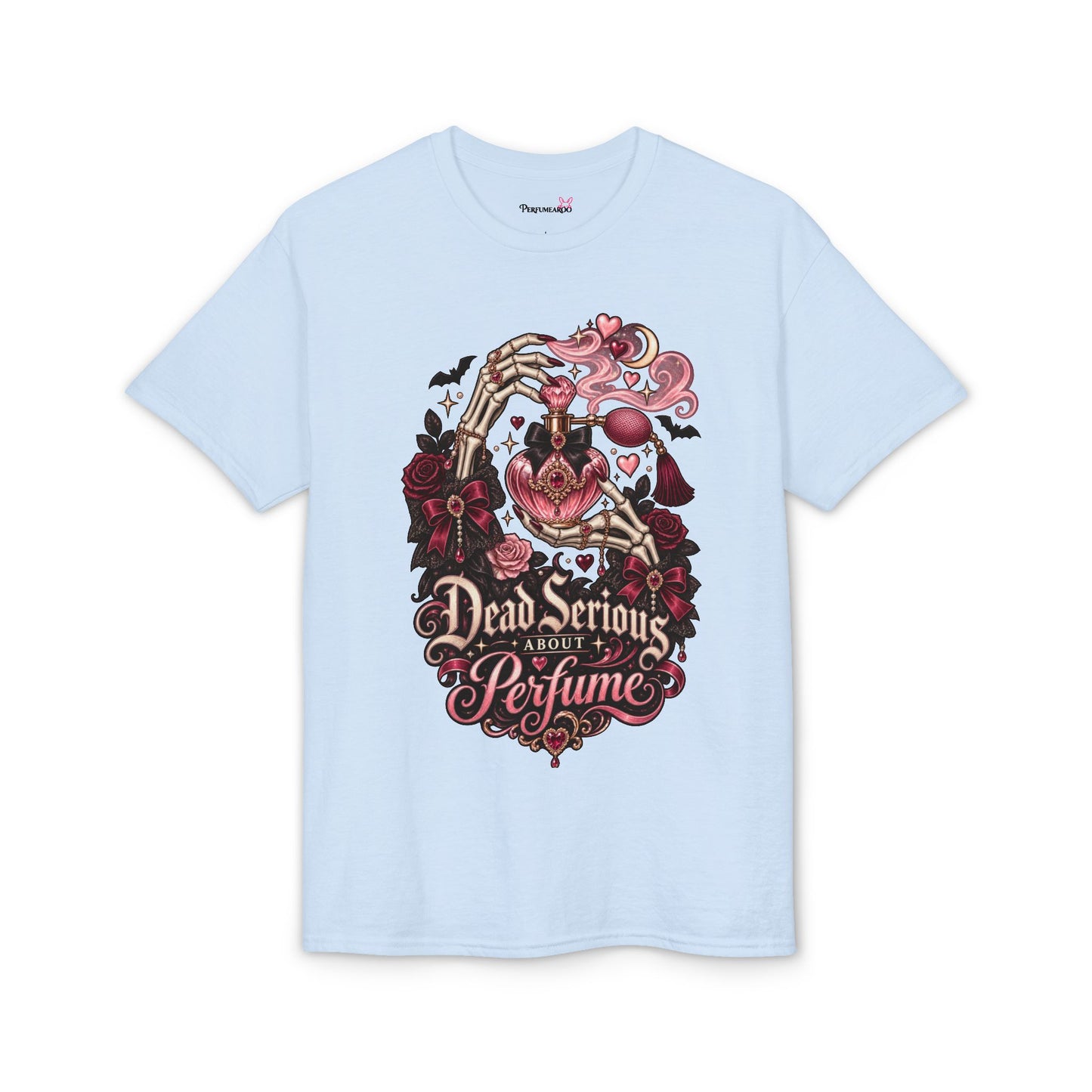 Graphic T-Shirt — “Dead Serious About Perfume” Gothic Heart Illustration