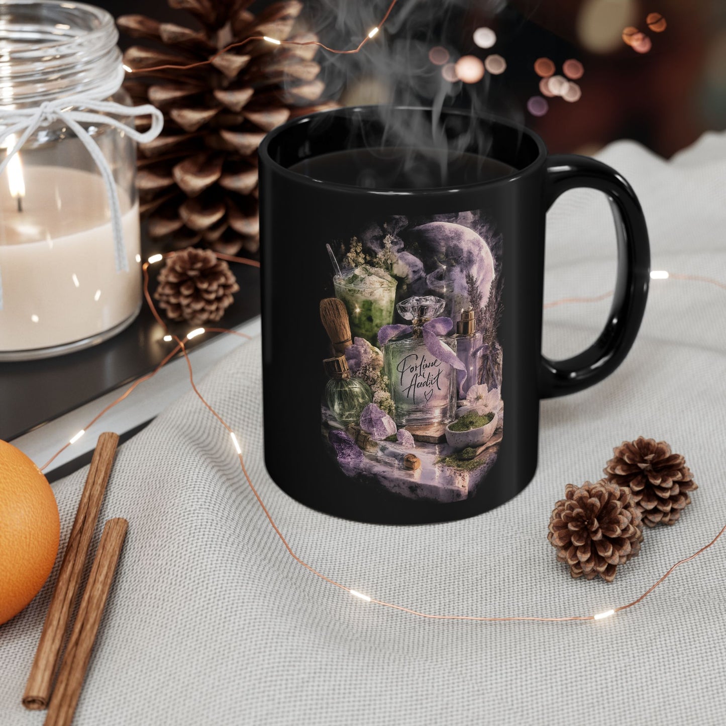 Midnight Petals Perfume Bottle Mug | Moody Floral Coquette Coffee Cup, Cozy Luxury Gift