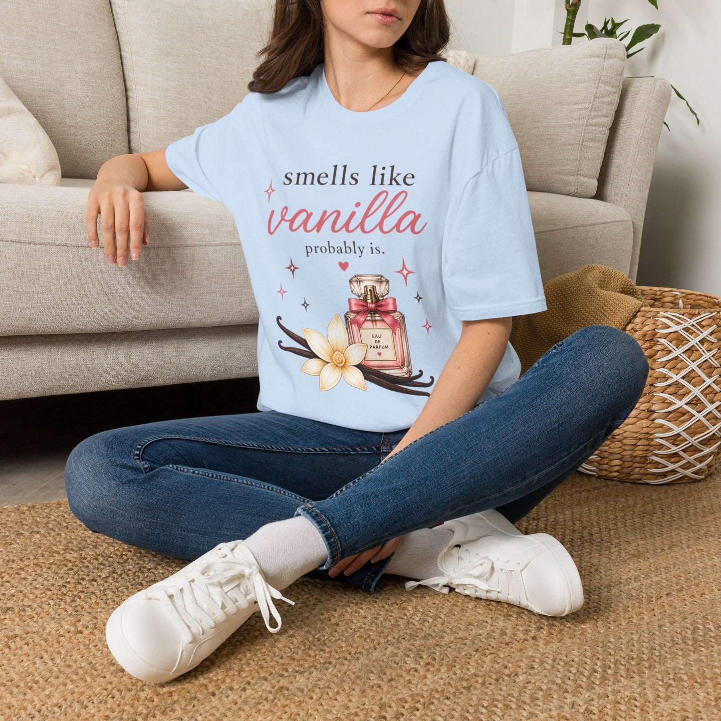Smells Like Vanilla T-Shirt | Luxury Coquette Perfume Bottle Graphic Tee, Cute Feminine Fragrance Gift