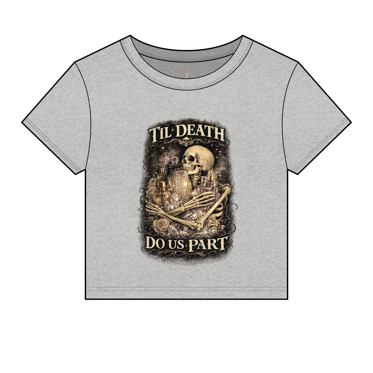 Til Death Do Us Part Baby Tee | Gothic Skull & Rose Fitted Crop Top, Feminine Perfume Lover Gift