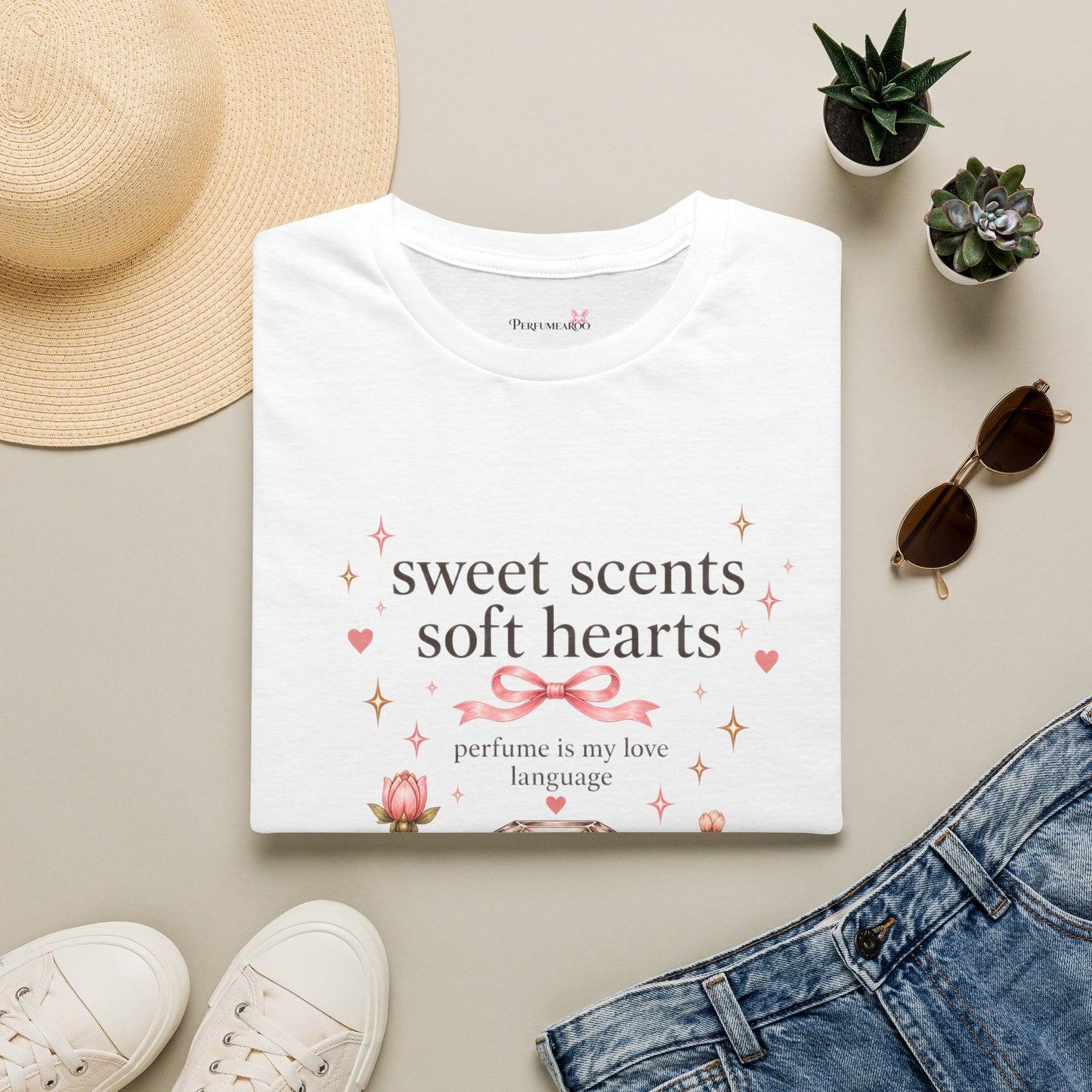 Sweet Scents Soft Hearts T-Shirt | Luxury Coquette Floral Perfume Bottle Tee, Romantic Fragrance Lover Gift