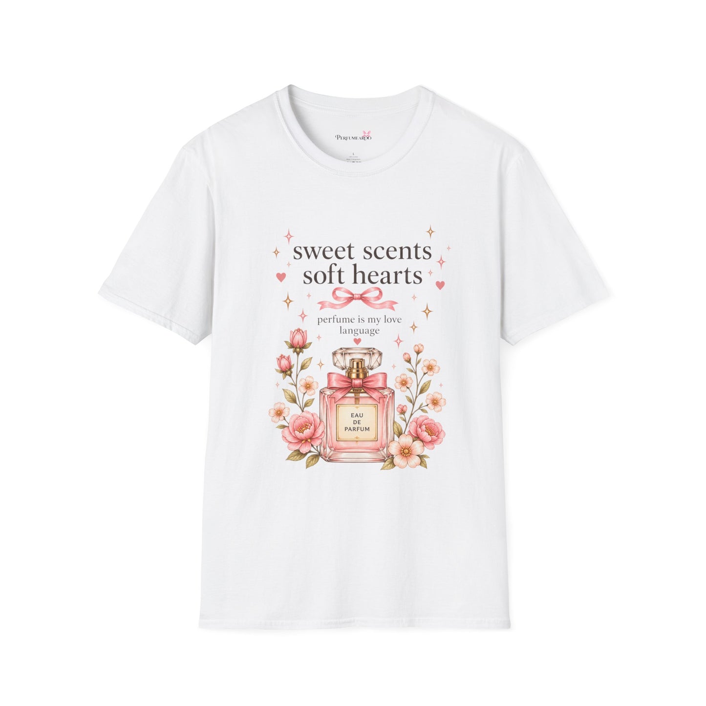 Sweet Scents Soft Hearts T-Shirt | Luxury Coquette Floral Perfume Bottle Tee, Romantic Fragrance Lover Gift