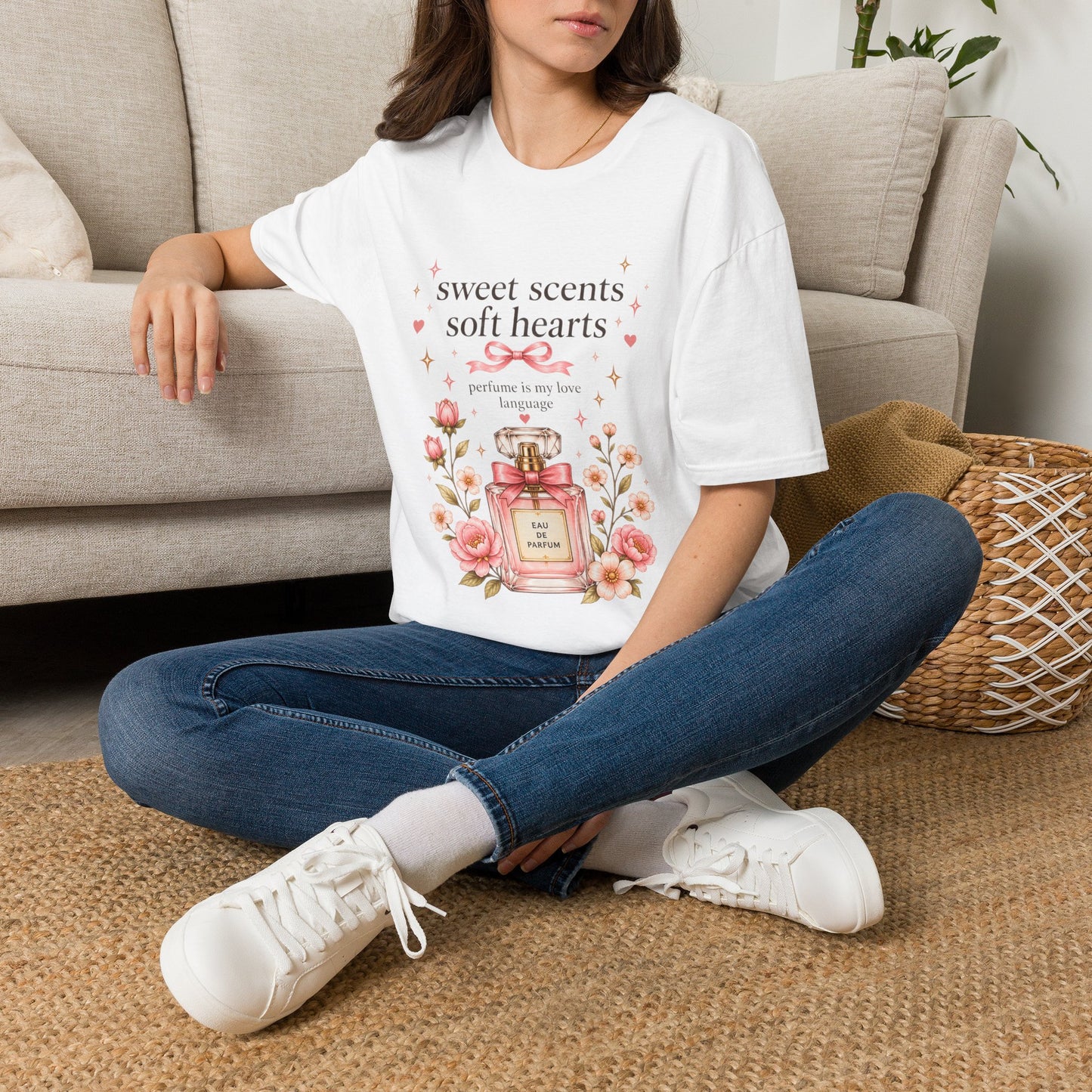 Sweet Scents Soft Hearts T-Shirt | Luxury Coquette Floral Perfume Bottle Tee, Romantic Fragrance Lover Gift