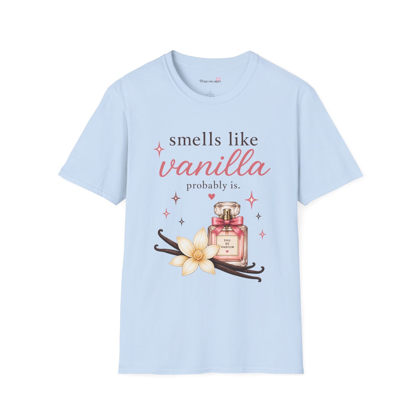 Smells Like Vanilla T-Shirt | Luxury Coquette Perfume Bottle Graphic Tee, Cute Feminine Fragrance Gift