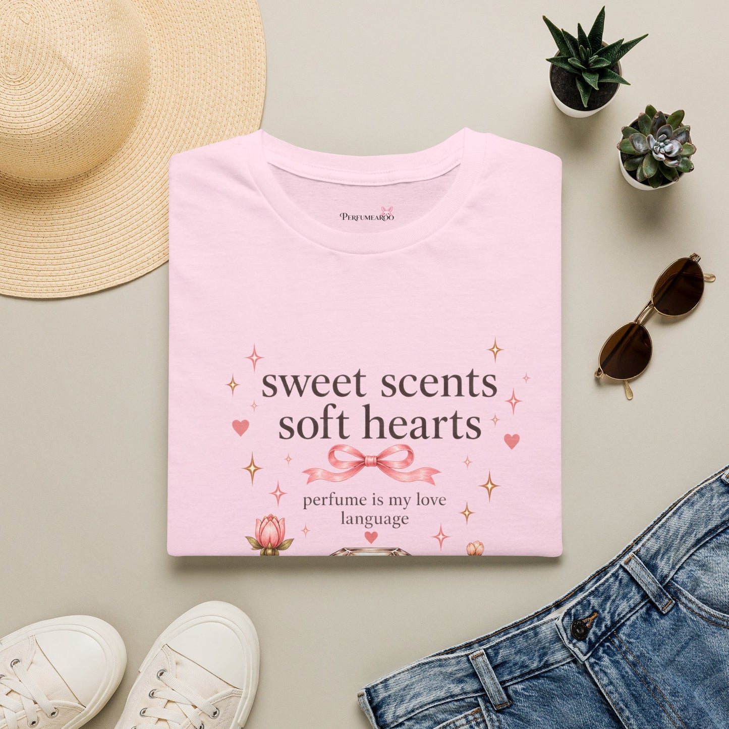 Sweet Scents Soft Hearts T-Shirt | Luxury Coquette Floral Perfume Bottle Tee, Romantic Fragrance Lover Gift