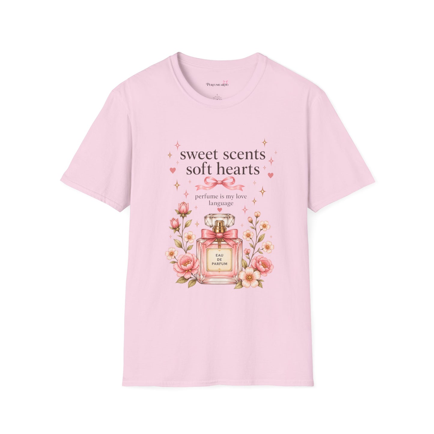 Sweet Scents Soft Hearts T-Shirt | Luxury Coquette Floral Perfume Bottle Tee, Romantic Fragrance Lover Gift