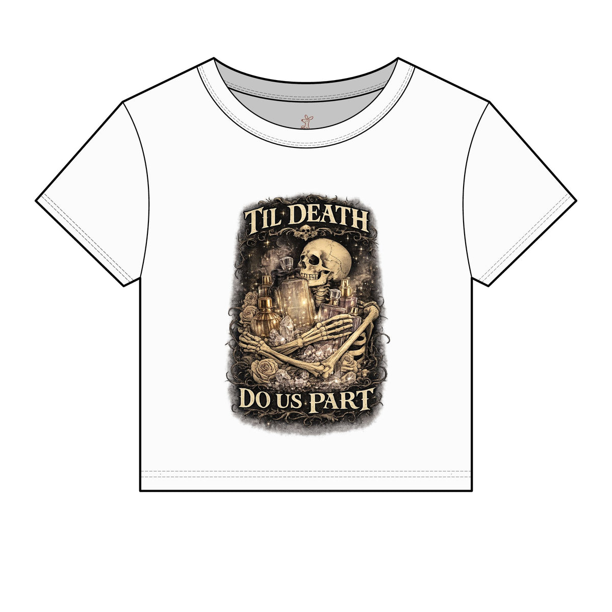 Til Death Do Us Part Baby Tee | Gothic Skull & Rose Fitted Crop Top, Feminine Perfume Lover Gift