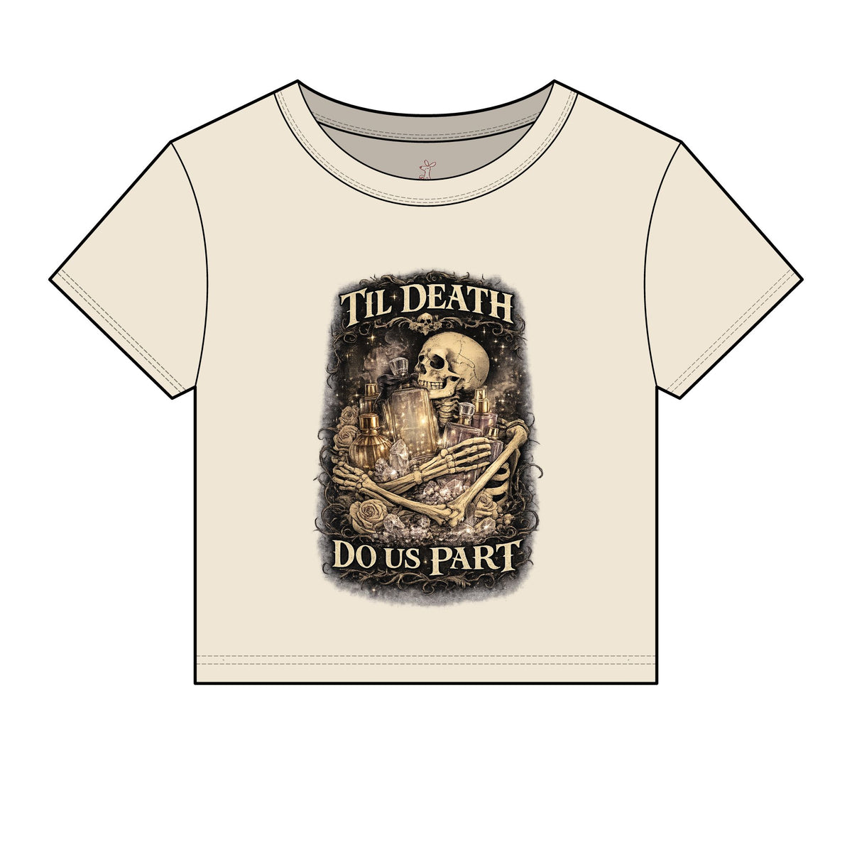 Til Death Do Us Part Baby Tee | Gothic Skull & Rose Fitted Crop Top, Feminine Perfume Lover Gift