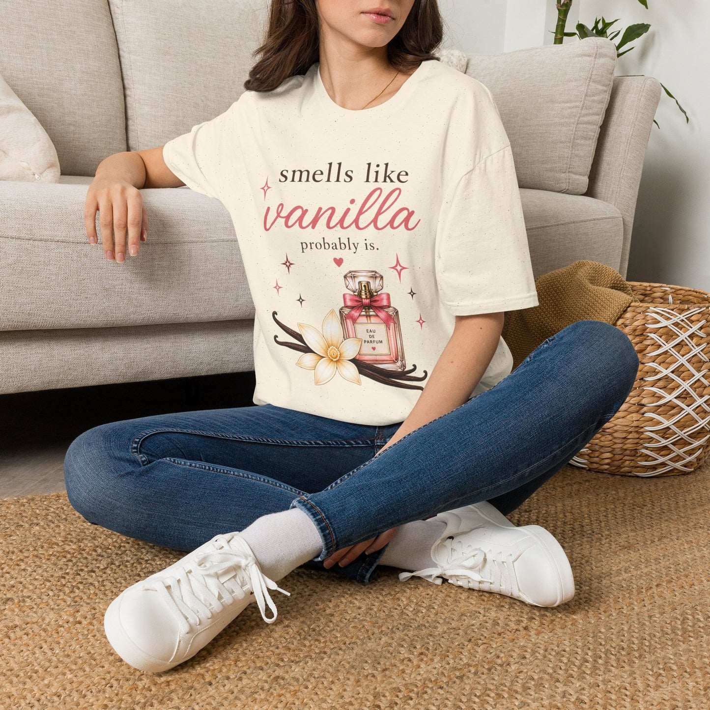 Smells Like Vanilla T-Shirt | Luxury Coquette Perfume Bottle Graphic Tee, Cute Feminine Fragrance Gift