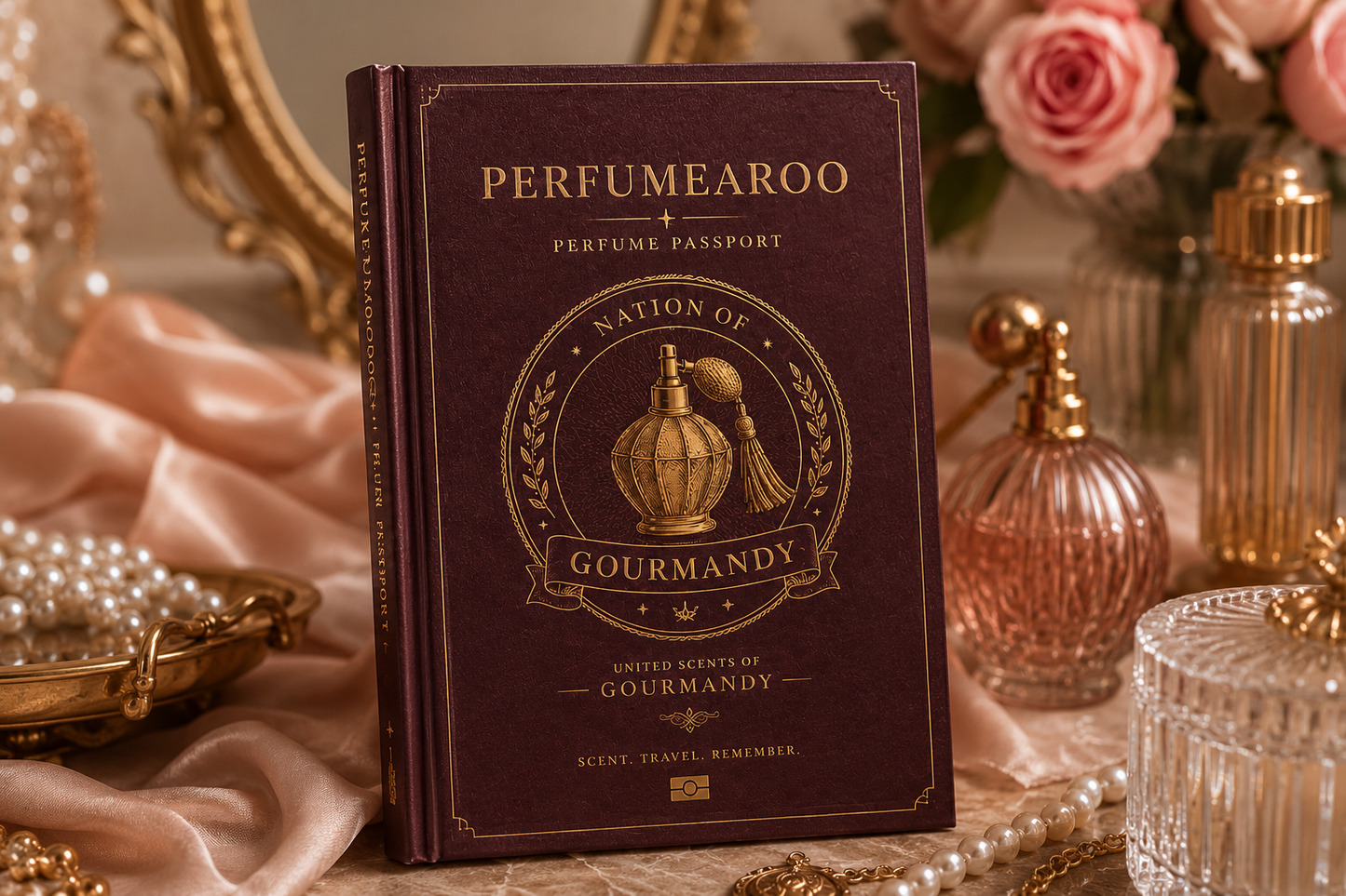 The Wanderer hardcover perfume journal by Perfumearoo, dark burgundy passport-style cover with gold foil lettering, styled with pearls, roses, and perfume bottles